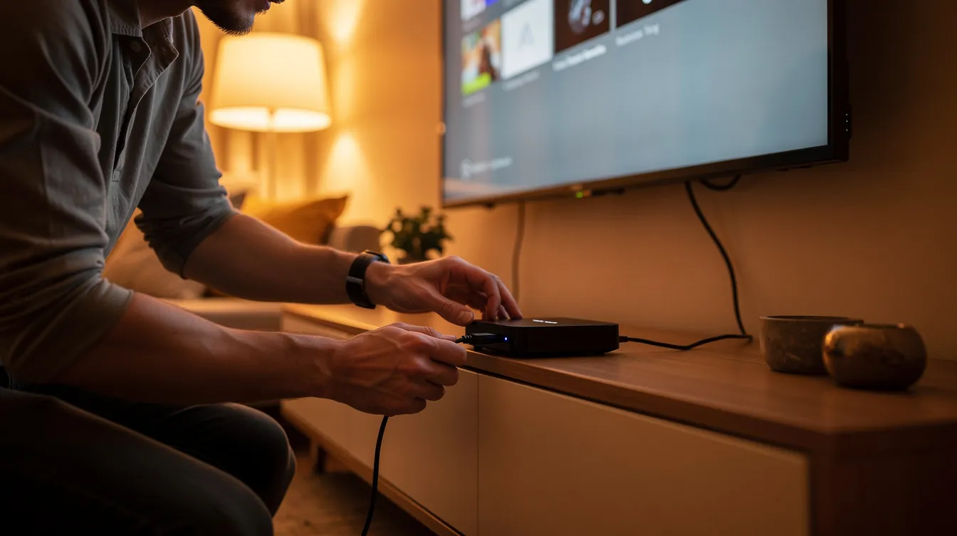Une personne installe un boîtier de streaming sur un meuble de télévision dans un salon chaleureux, avec un grand écran en arrière-plan, prêt à offrir un accès à des chaînes IPTV et à un large catalogue de films et de séries. L'ambiance conviviale de la pièce suggère une expérience de divertissement agréable pour les clients au Québec.