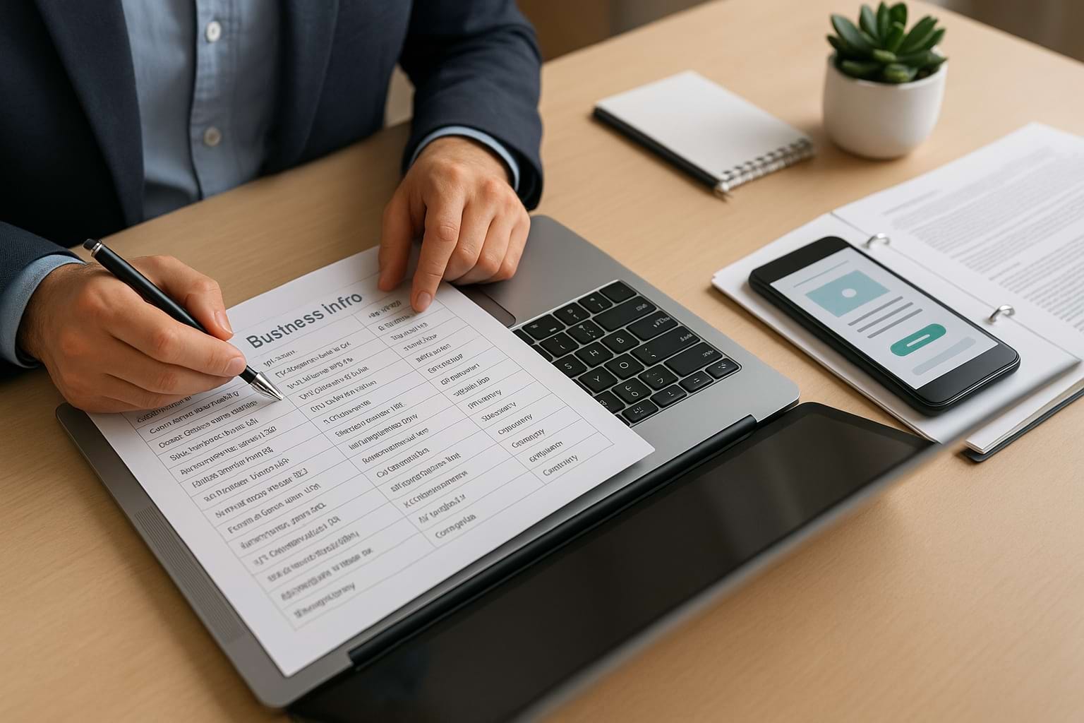 Organized master data sheet on a modern desk with laptop, smartphone, and documents symbolizing consistent business information across platforms.