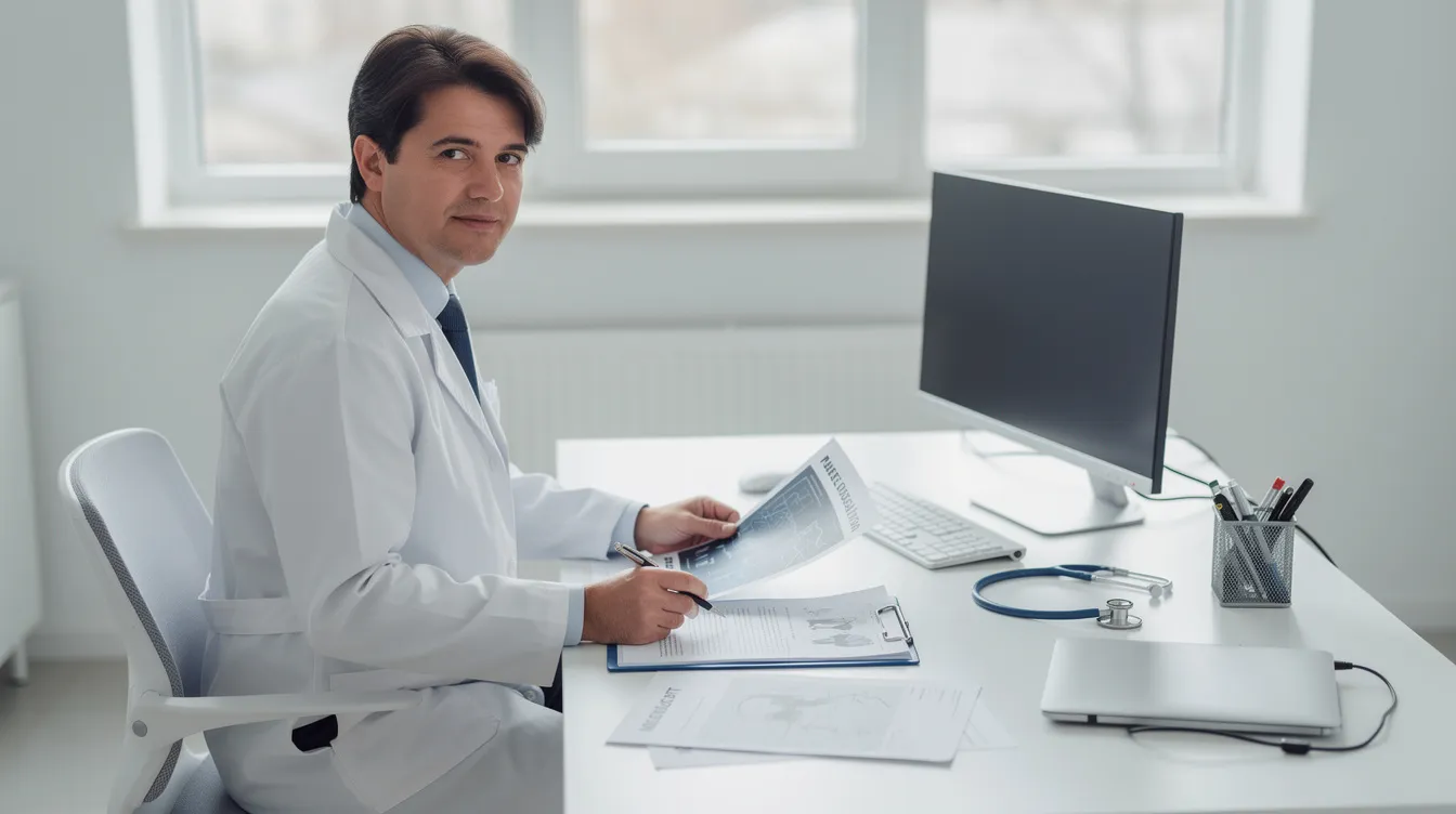 A healthcare professional in a white coat is seated at a modern desk, carefully reviewing documents that suggest medical consultations for issues like erectile dysfunction and penis enhancement. The setting conveys a sense of professionalism and expertise in addressing concerns related to sexual health and pleasure.