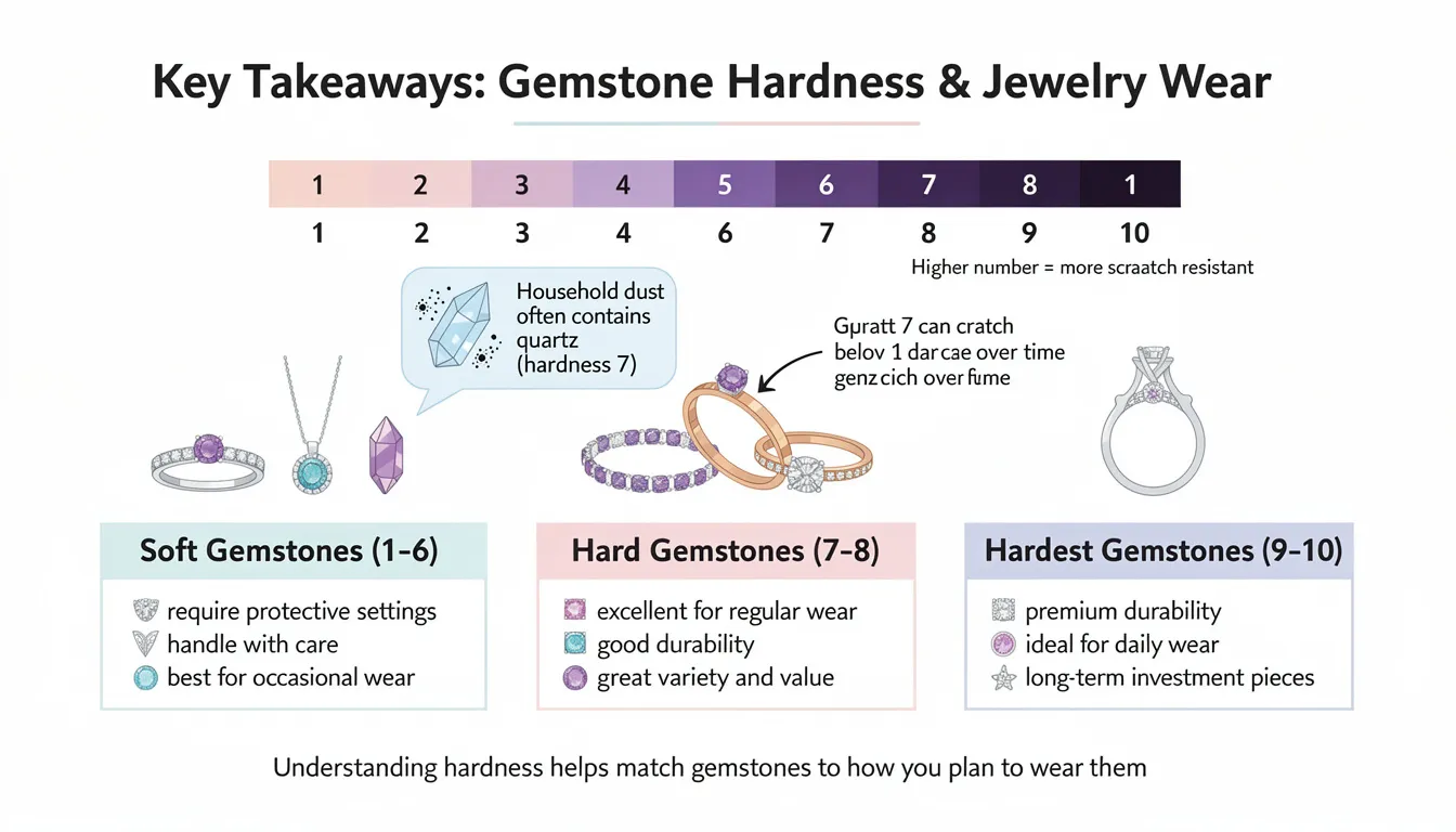 The image illustrates the Mohs hardness scale, a tool developed by German mineralogist Friedrich Mohs, which measures the scratch resistance of minerals from 1 to 10. It highlights the importance of gemstone hardness in selecting appropriate jewelry, indicating that softer gemstones (1-6) need protective settings, while harder gemstones (7-10) are ideal for everyday wear and durability.
