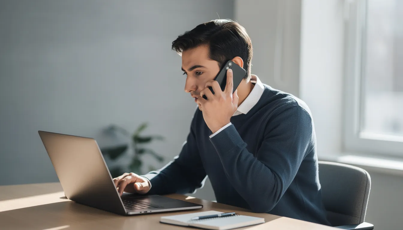 Na zdjęciu widoczna jest osoba rozmawiająca przez telefon, z otwartym laptopem przed sobą, co może sugerować, że prowadzi rozmowę dotyczącą sprzedaży przedmiotu na platformie olx. W tle można dostrzec zarys biurka, co wskazuje na domowe lub biurowe otoczenie, w którym sprzedający może być narażony na internetowe oszustwa, takie jak fałszywe strony czy przesyłane linki przez internetowych przestępców.