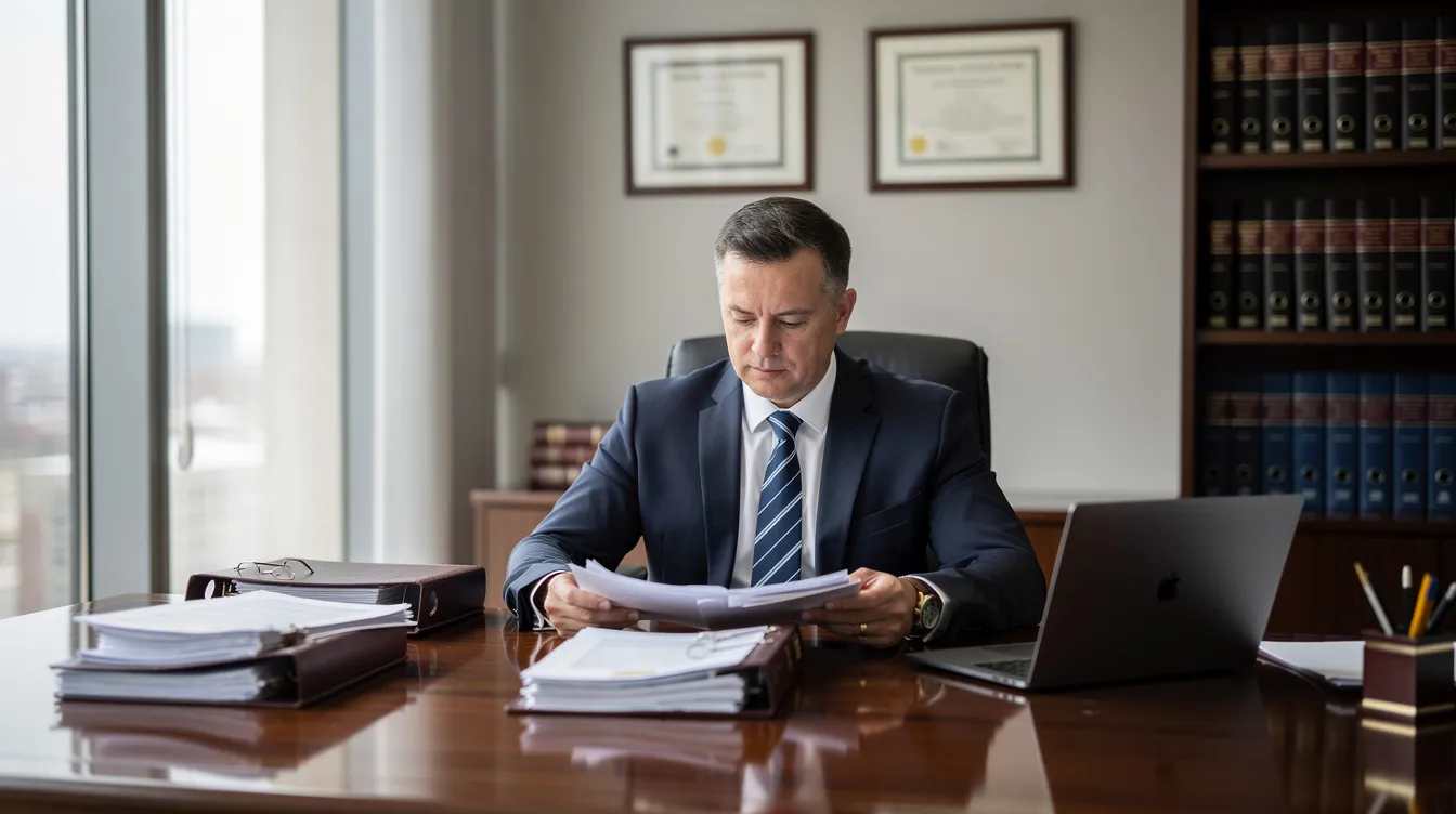 The image shows a professional attorney in a law office, intently reviewing documents related to a probation violation case. The attorney is focused on providing legal representation for clients facing serious consequences from alleged violations of probation terms in Nashville, Tennessee.