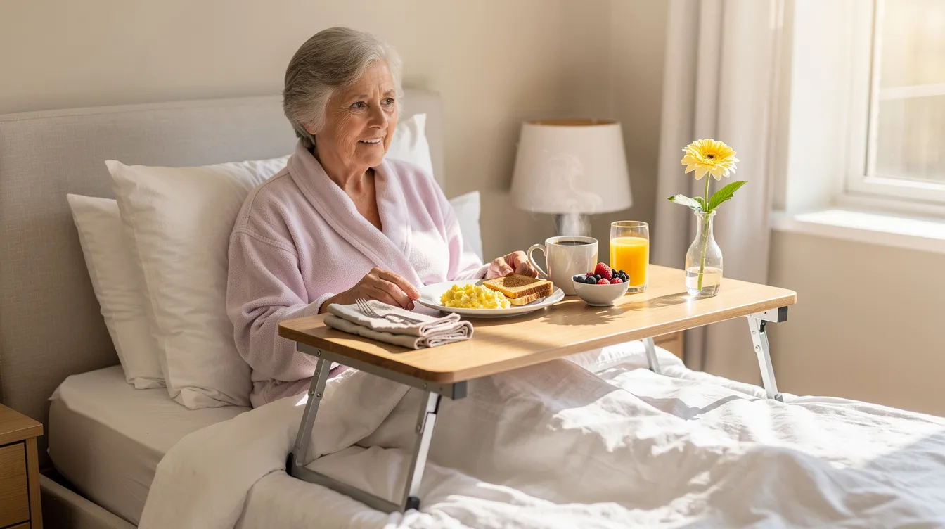 An elderly person is comfortably enjoying breakfast in bed, using a height adjustable overbed table with a tray that features a variety of delicious items, including cookies. The scene conveys a sense of ease and practicality, highlighting the supportive furniture designed for users who may be patients or visitors in a home or hospital setting.