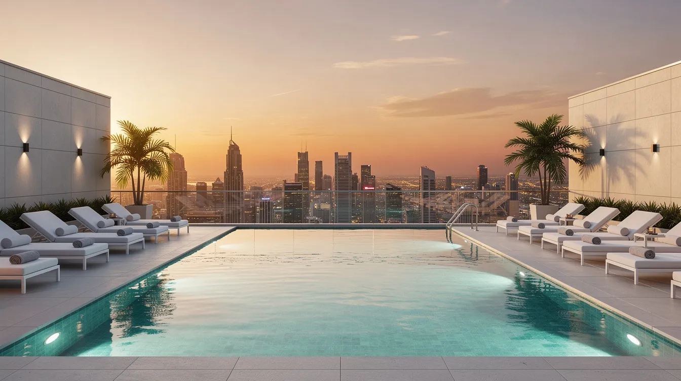 The image depicts a luxurious rooftop pool area featuring comfortable lounge chairs, offering a stunning view of the Toronto skyline, including the CN Tower and Rogers Centre, located near 300 Front Street West. This inviting space is perfect for relaxation and enjoying the vibrant downtown community.
