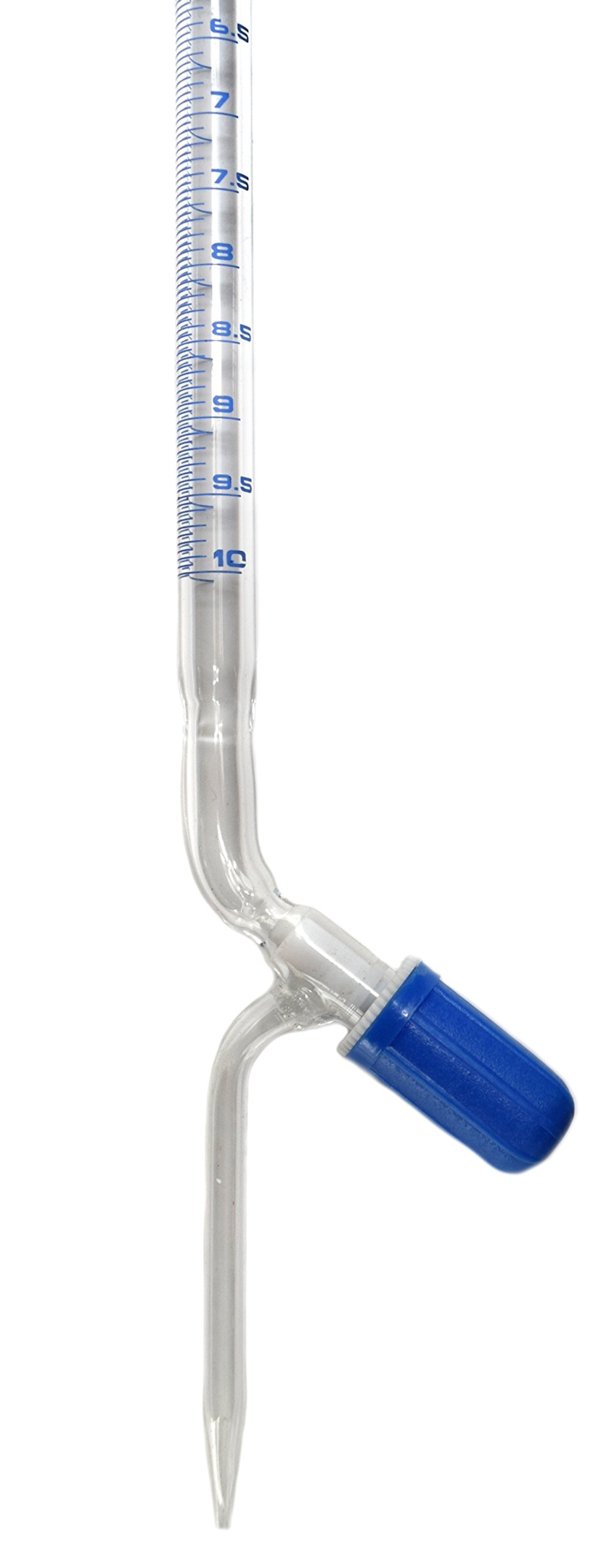 A buret clamp holding a long glass tube with a stopcock valve at the end