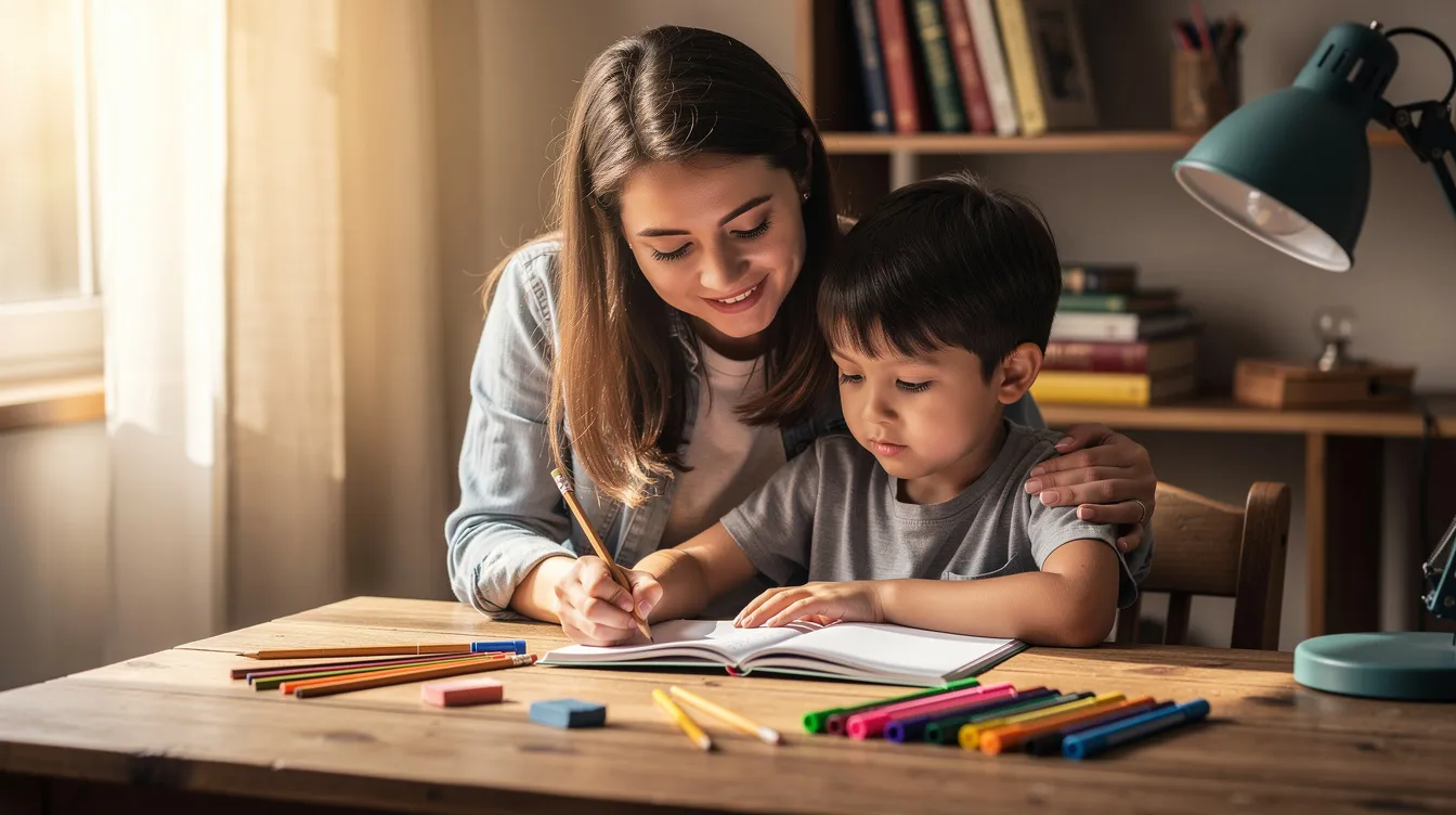 A parent sits beside a child at a study table, gently placing a hand on the child's shoulder, offering support as they work together. This nurturing moment emphasizes the importance of emotional regulation and coping strategies in managing school anxiety and fostering emotional resilience in young learners.