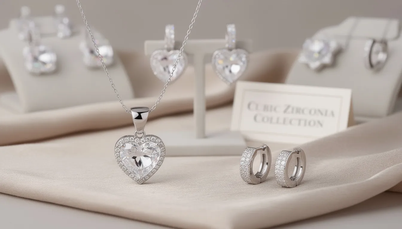 This image showcases a stunning collection of cubic zirconia jewelry, featuring a heart-shaped pendant, elegant huggie earrings, and a delicate bracelet, all designed to complement any outfit. The pieces, crafted from sterling silver and featuring brilliant CZ stones, offer an affordable alternative for adding sparkle to both everyday wear and special occasions.