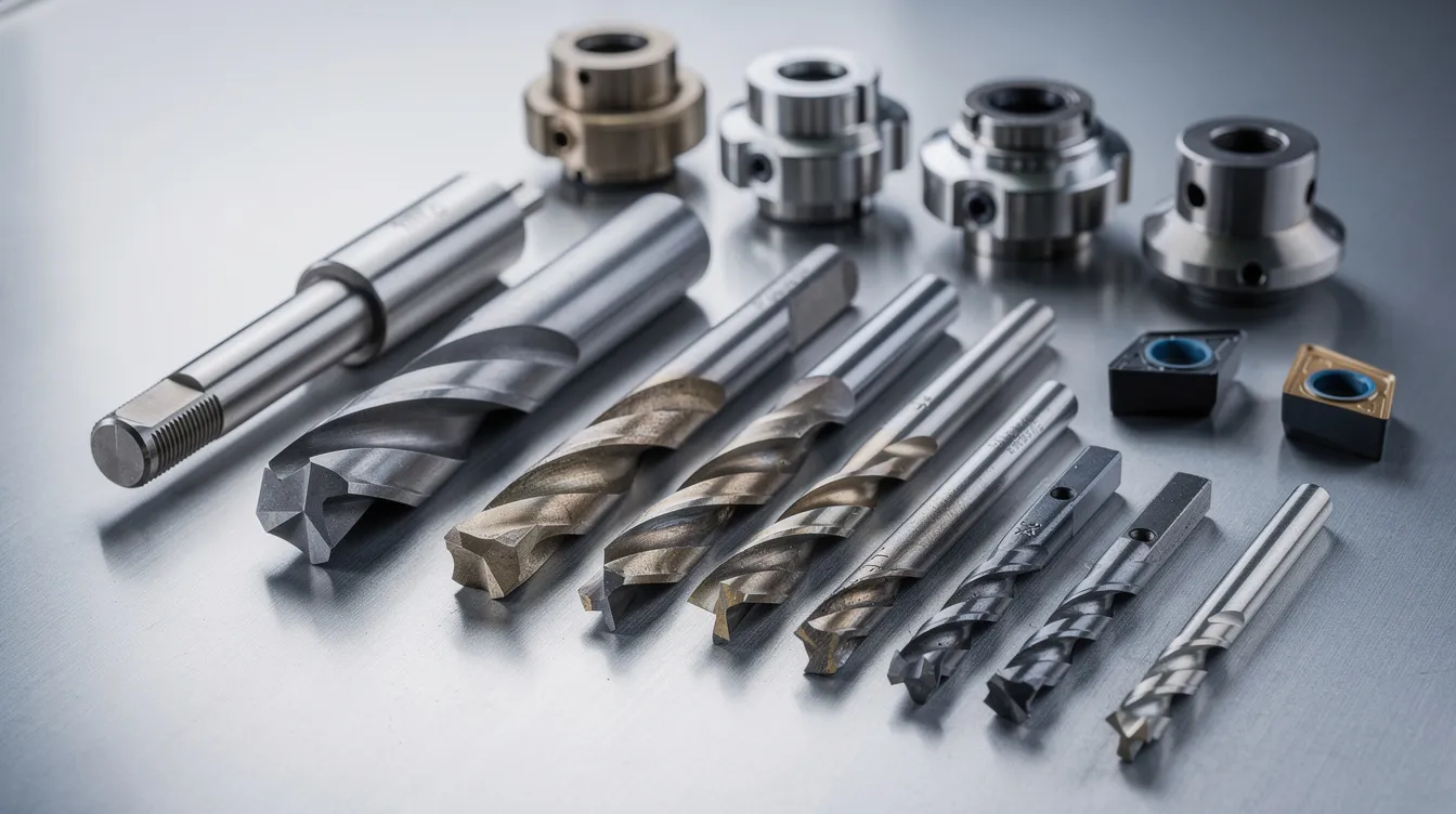 An array of various CNC cutting tools, including end mills, drills, and inserts, is neatly arranged on a metal surface, showcasing essential machine tools used in computer numerical control (CNC) systems for precise manufacturing processes. These tools are vital for CNC machinists to achieve tight tolerances and efficient cutting operations in modern manufacturing.