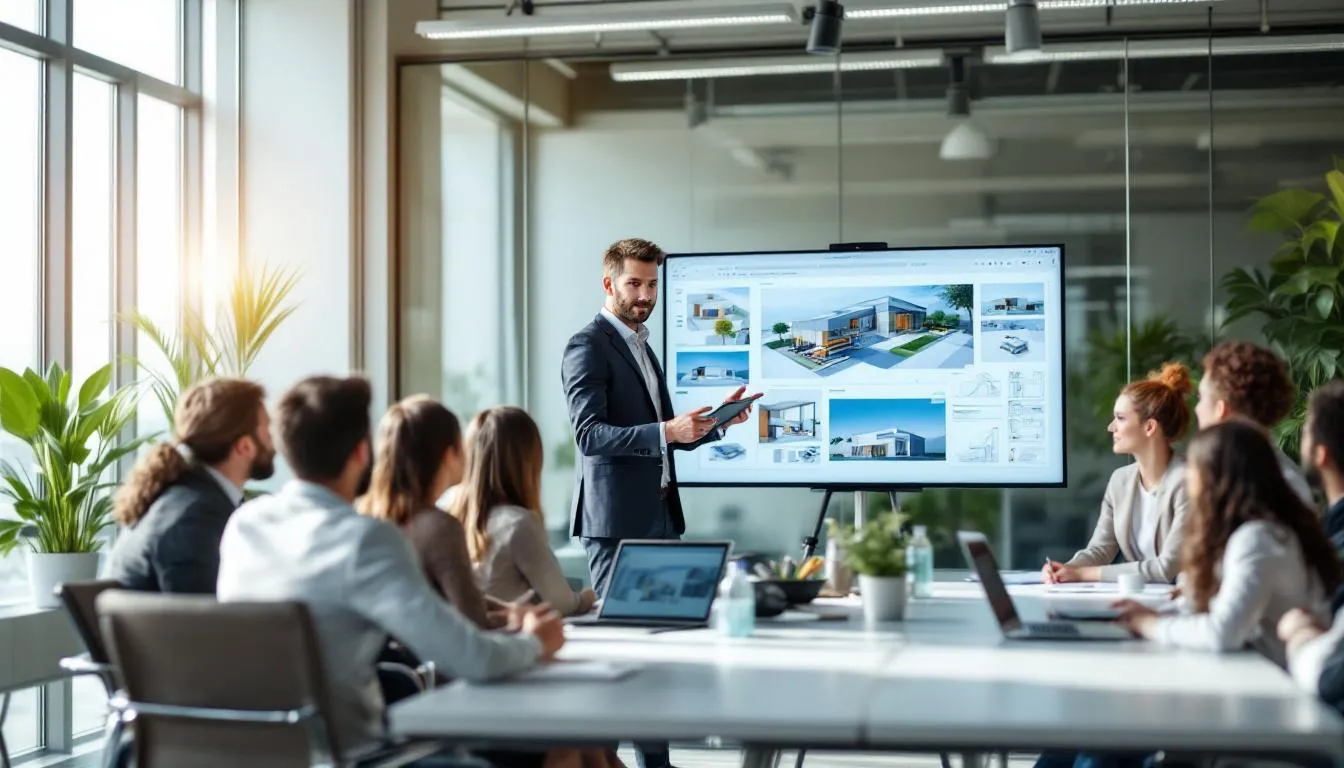 An architect confidently presents innovative design concepts to a diverse group of colleagues in a modern office, fostering a culture of collaboration and encouraging a growth mindset among the team. The atmosphere reflects positive business communication and leadership, emphasizing the importance of self-motivation and strategic planning for success.