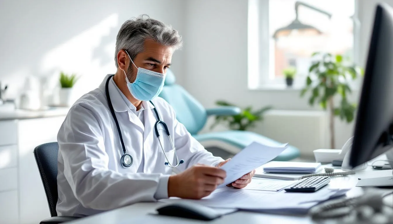 A dentist is seated at a desk in his dental office, reviewing financing papers related to dental practice loans. The scene reflects the financial planning and management aspects crucial for running an existing practice specialist and receiving banking services.
