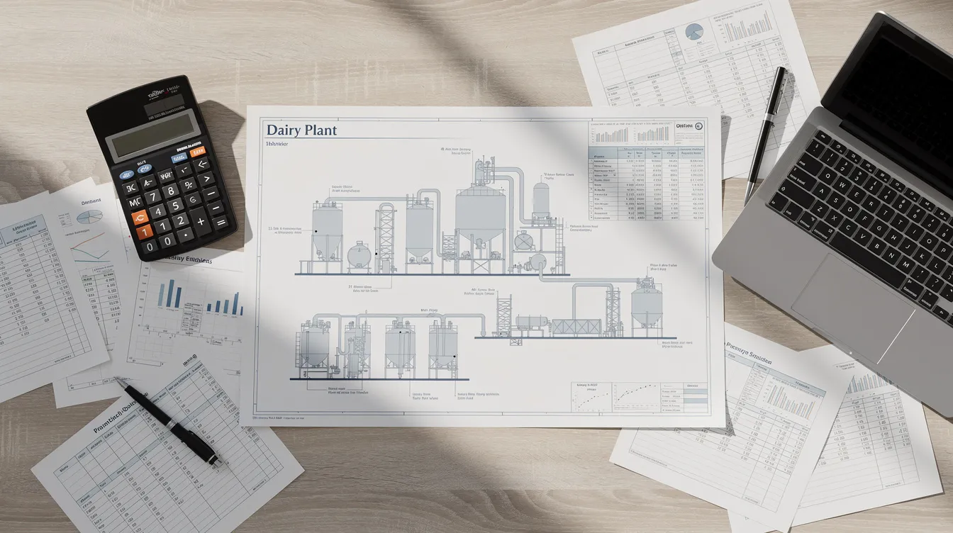 fcbc1d76 3182 4243 a5f7 45c4b2c48161 An overhead view of a desk featuring financial documents, a calculator, and a laptop, with a dairy plant schematic displayed on the screen. The image represents essential tools for dairy entrepreneurs assessing project costs and repayment schedules for dairy farm loans.