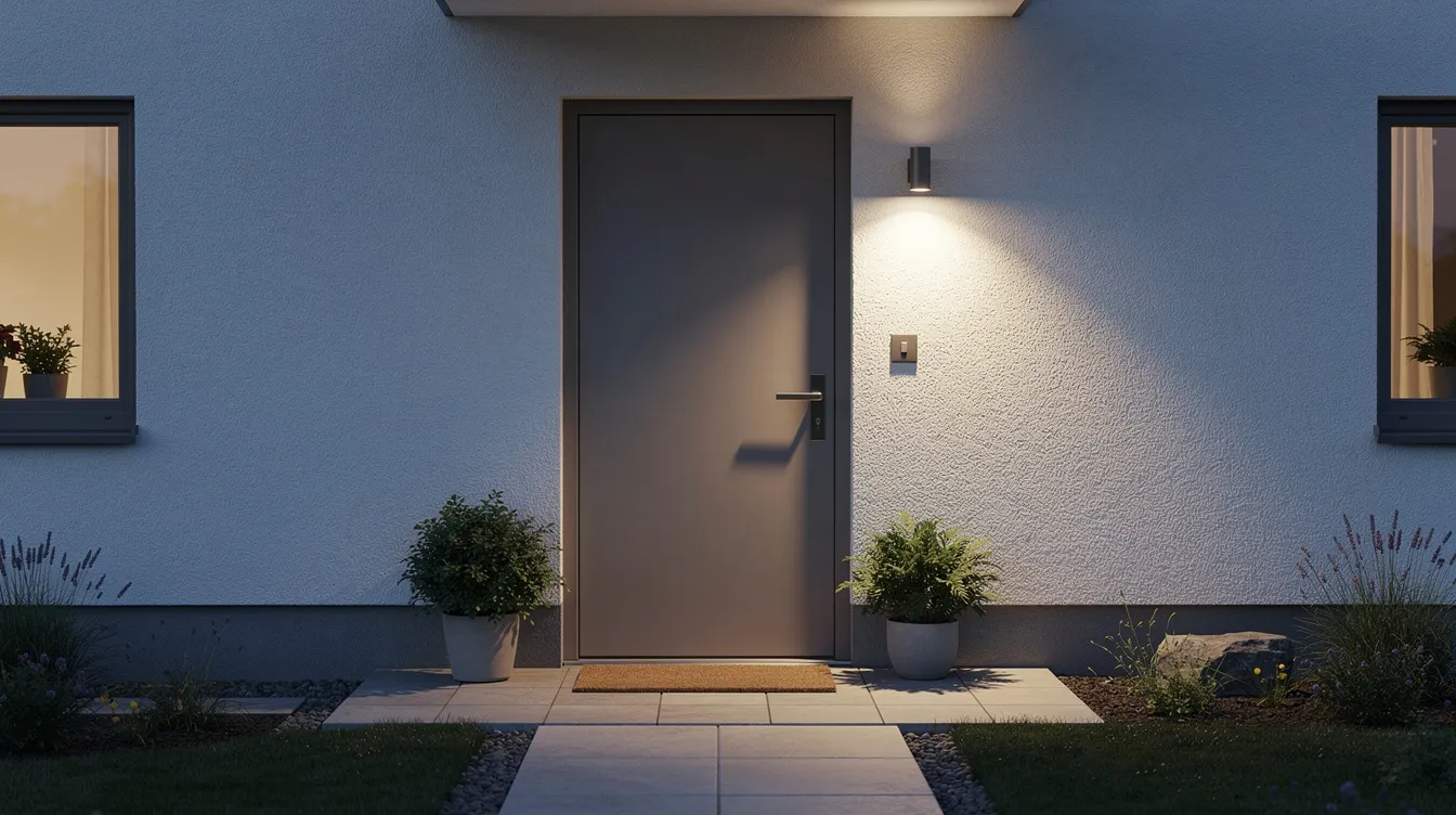 En välkomnande entré med en modern vägglampa som lyser nedåt vid ytterdörren, vilket skapar en varm och inbjudande atmosfär. Lampan är designad för att ge rätt belysning och framhäva entrén på ett stilfullt sätt.