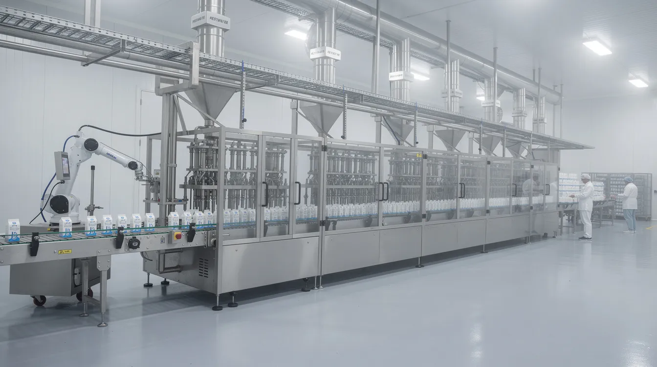 fcc01e69 070b 479d b97b 247a847b4732 The image depicts a modern automated aseptic carton filling line within a dairy packaging hall, showcasing advanced machinery designed for efficient milk processing. This setting highlights the integration of aseptic packaging techniques essential for extending the shelf life of UHT milk and ensuring food safety standards in the dairy industry.