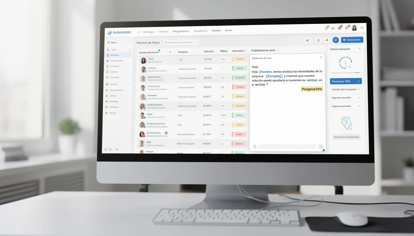 La imagen muestra una pantalla de computadora que ilustra la personalización automática de mensajes de ventas, utilizando datos específicos de los clientes. Esta herramienta, que puede ser parte de un asistente virtual para ventas, optimiza el proceso de comunicación y mejora la conversión al atender las necesidades de los usuarios de manera eficiente.