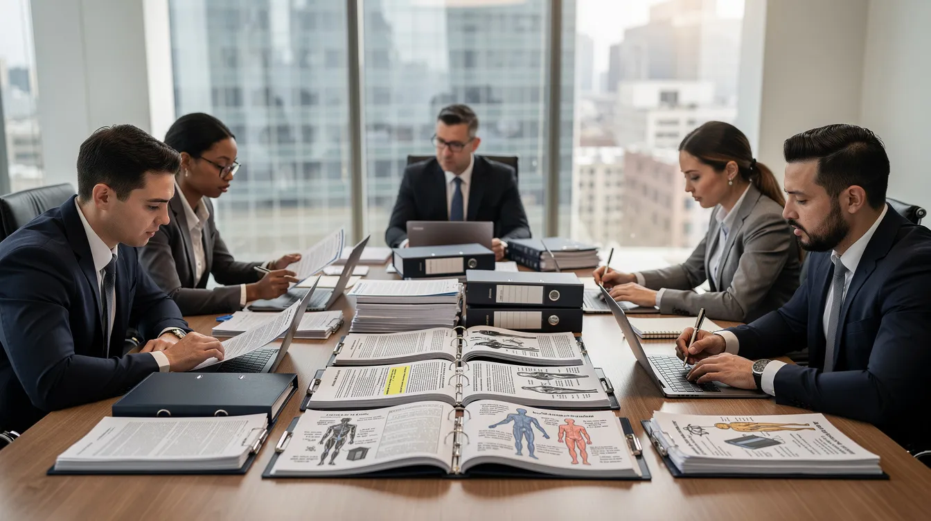 A team of lawyers is gathered around a conference table, intently reviewing medical records and documents related to cases of medical malpractice, specifically focusing on issues like cerebral palsy and preventable birth injuries. The atmosphere is serious as they discuss the implications of medical negligence and the potential for financial compensation for families affected by birth trauma.
