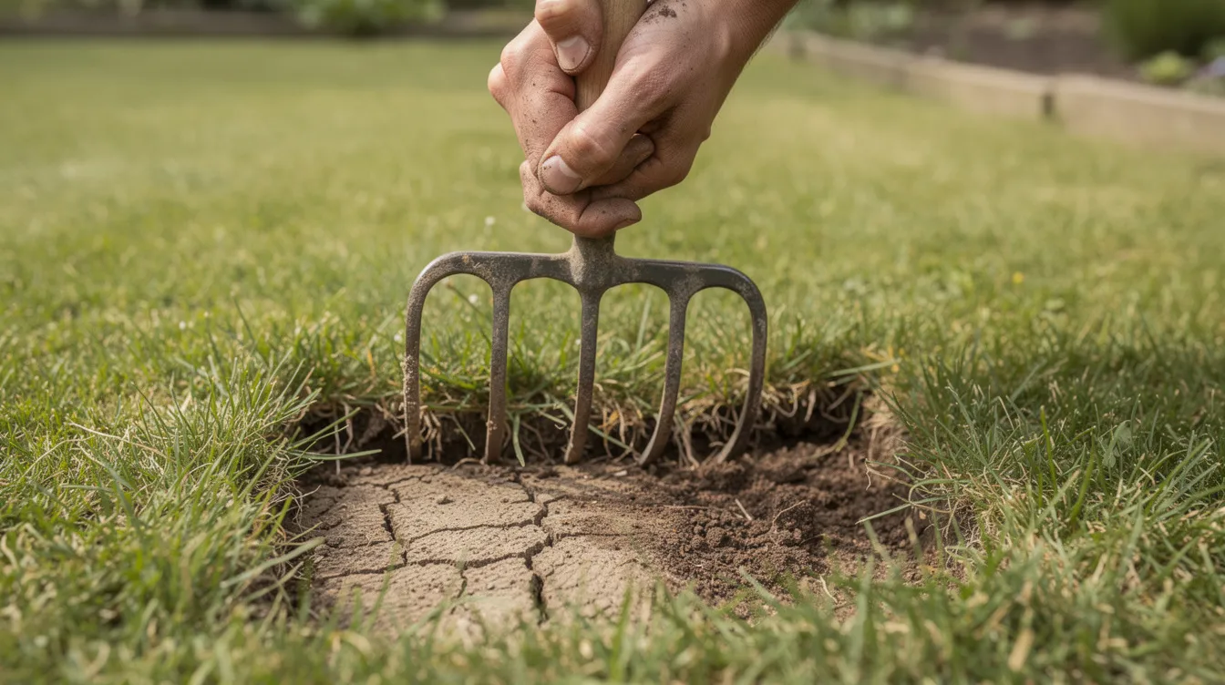 The image depicts hands using a garden fork to loosen compacted soil in a patchy lawn, preparing it for new grass seed to promote healthy grass growth. This action helps improve soil quality and encourages deep root growth for a lush green lawn.