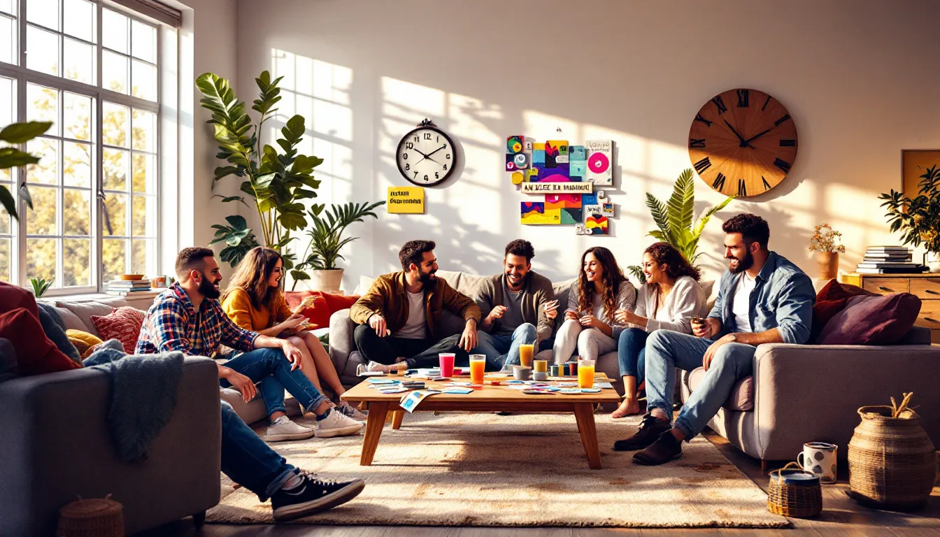 A gathering of friends socializing without alcohol, enjoying games.
