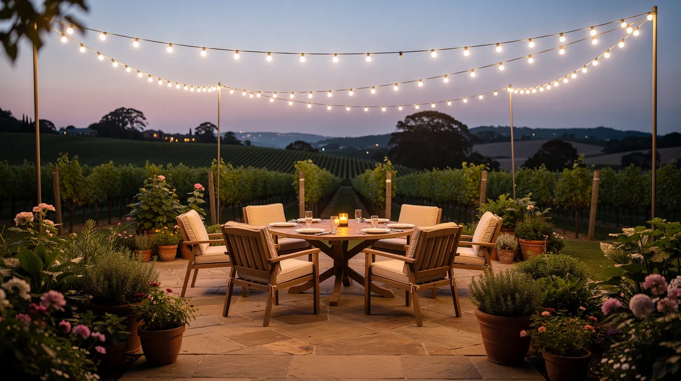 The image depicts an inviting outdoor garden seating area at dusk, adorned with string lights that create a warm ambiance, while lush vineyard views stretch out in the background, perfect for wine tasting in Clarksburg wine country. This serene setting is ideal for private events or a relaxing evening getaway, surrounded by the beauty of the Sacramento River Delta.