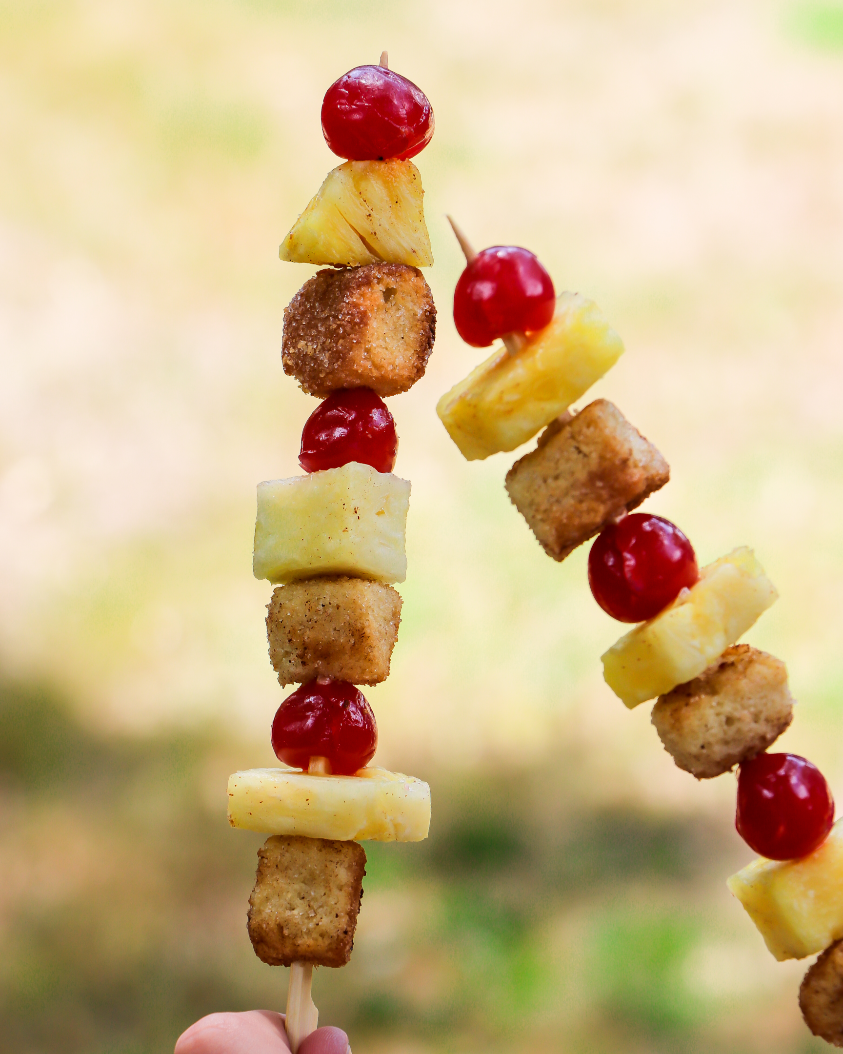 A protein and veggie skewer with crunchy veggies, chicken, and fruit