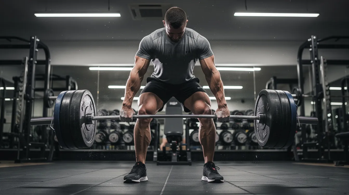 A muscular man is performing a barbell deadlift in a well-lit gym, showcasing his strength and focus on muscle growth. This exercise is beneficial for boosting testosterone levels and enhancing overall muscle health.