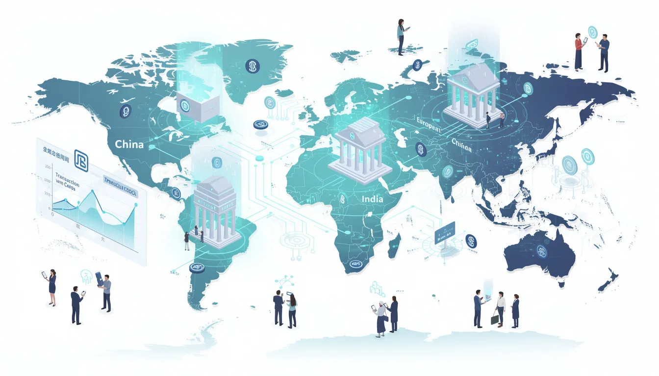 The image depicts a visual representation of central bank digital currencies (CBDCs) as a transformative force in global payment systems, highlighting the involvement of various countries like China and India in exploring digital assets to enhance financial inclusion and reduce transaction costs. The background features elements of blockchain technology, illustrating the integration of these innovations into traditional finance and the evolving landscape of global finance.