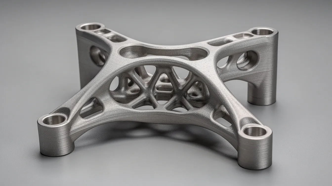 The image depicts a metal aerospace component featuring a complex organic geometry with a lattice internal structure, showcasing the capabilities of additive manufacturing. This intricate design exemplifies the precision and innovative techniques used in rapid prototyping services for the aerospace industry.
