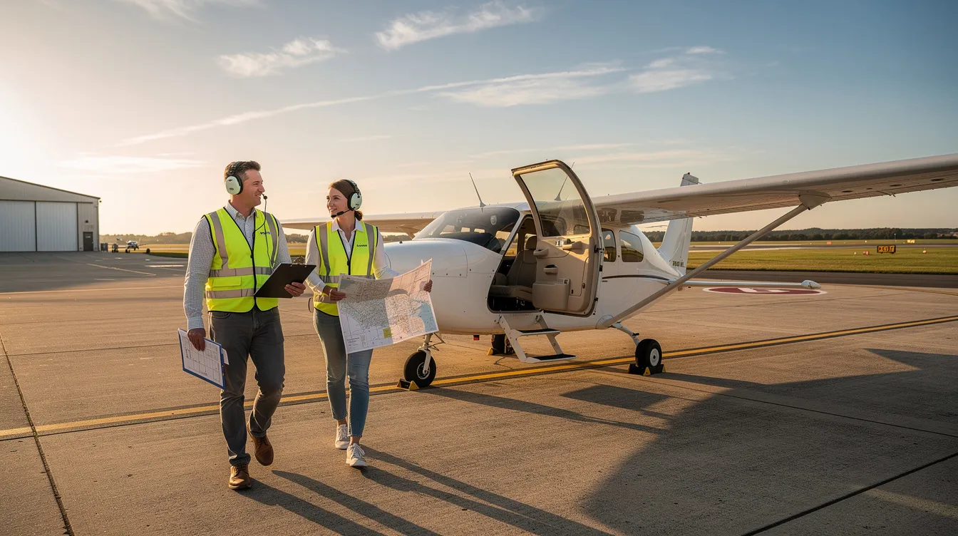 A flight instructor and a student walk side by side on the airport apron, with a small training aircraft parked nearby, symbolizing the hands-on experience provided by aviation training programs. This scene reflects the practical aspect of flight school, where structured training and compliance tracking are essential for effective pilot training.