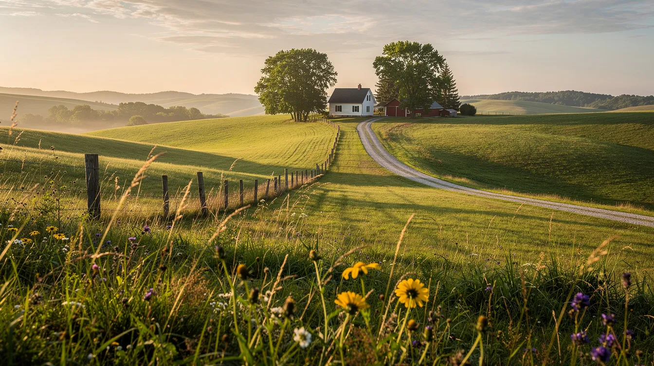 Das Bild zeigt eine ruhige ländliche Landschaft mit sanften Hügeln unter einem klaren Himmel und einem kleinen Bauernhaus in der Ferne. Diese friedliche Umgebung vermittelt ein Gefühl von Einfachheit und Verbundenheit mit der Natur, ideal für diejenigen, die einen ruhigen Rückzugsort suchen.