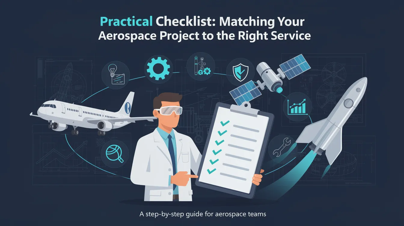 The image depicts a practical checklist designed to help aerospace professionals match their projects with the appropriate manufacturing services, such as rapid prototyping and sheet metal fabrication. It emphasizes the importance of selecting the right aerospace prototypes and components to ensure quality and efficiency in production processes.