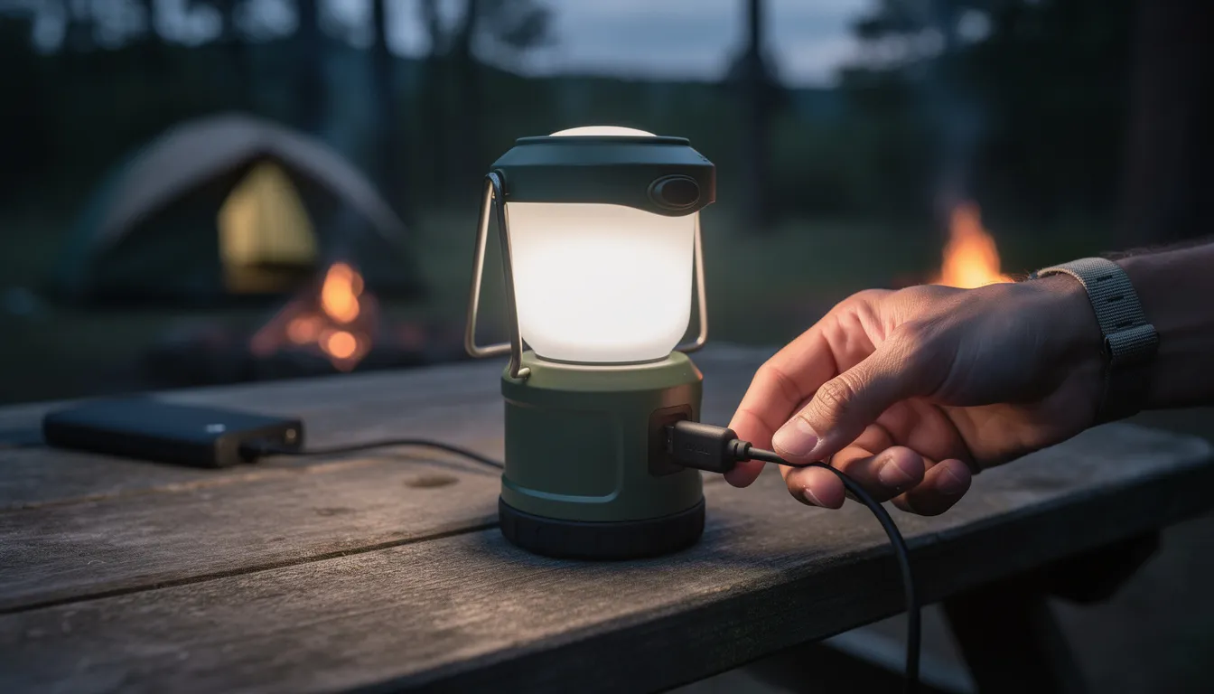 A person is connecting a USB cable to a compact camping lantern, which is designed for outdoor adventures and features a surprisingly bright LED light. This rechargeable lantern offers a long-lasting light source, making it an ideal choice for camping trips and emergency situations.