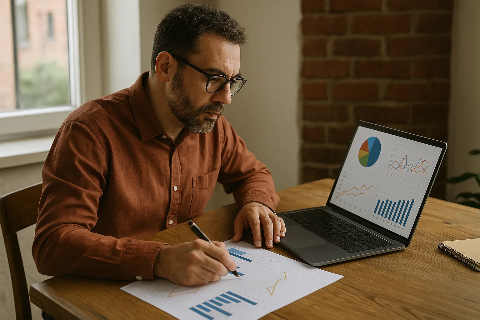 Business owner monitoring SEO performance data on a laptop.