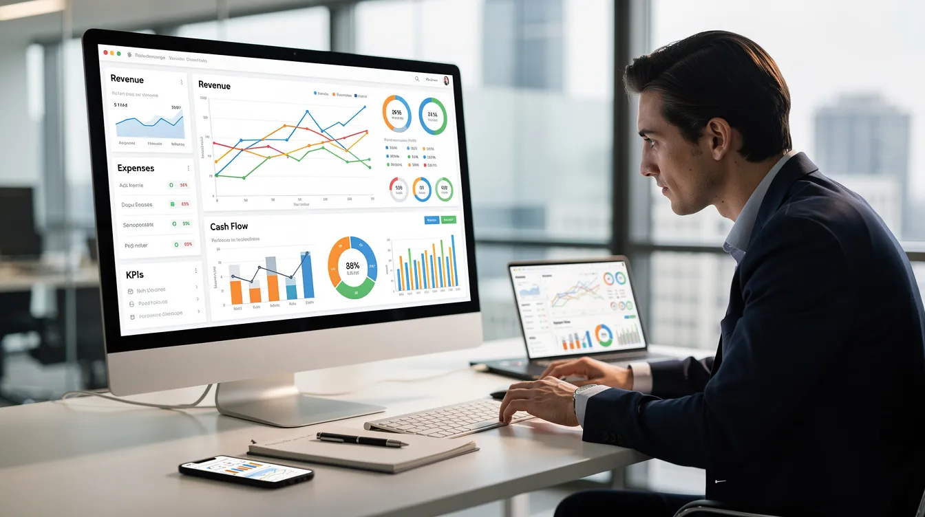 A professional is intently analyzing a financial dashboard on a computer screen, which displays various charts and metrics related to dental billing and revenue cycle management. This scene highlights the importance of data in optimizing the billing processes for dental practices and enhancing financial stability.