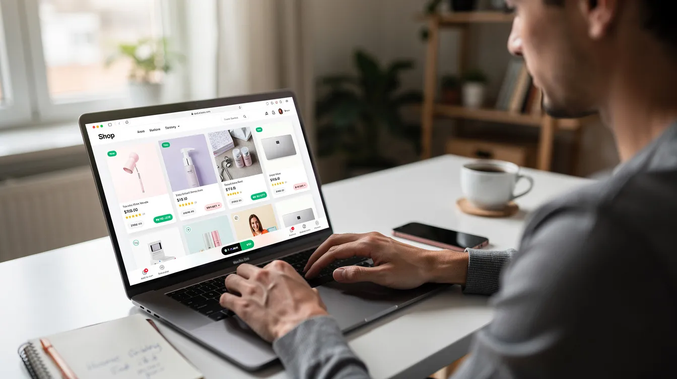 A person is seated in front of a laptop, comparing various products displayed on shopping apps, including the Temu app, which features a wide selection of items and incredible deals. The screen shows different categories like clothing and home decor, while the user appears focused on making informed purchases for customer satisfaction.