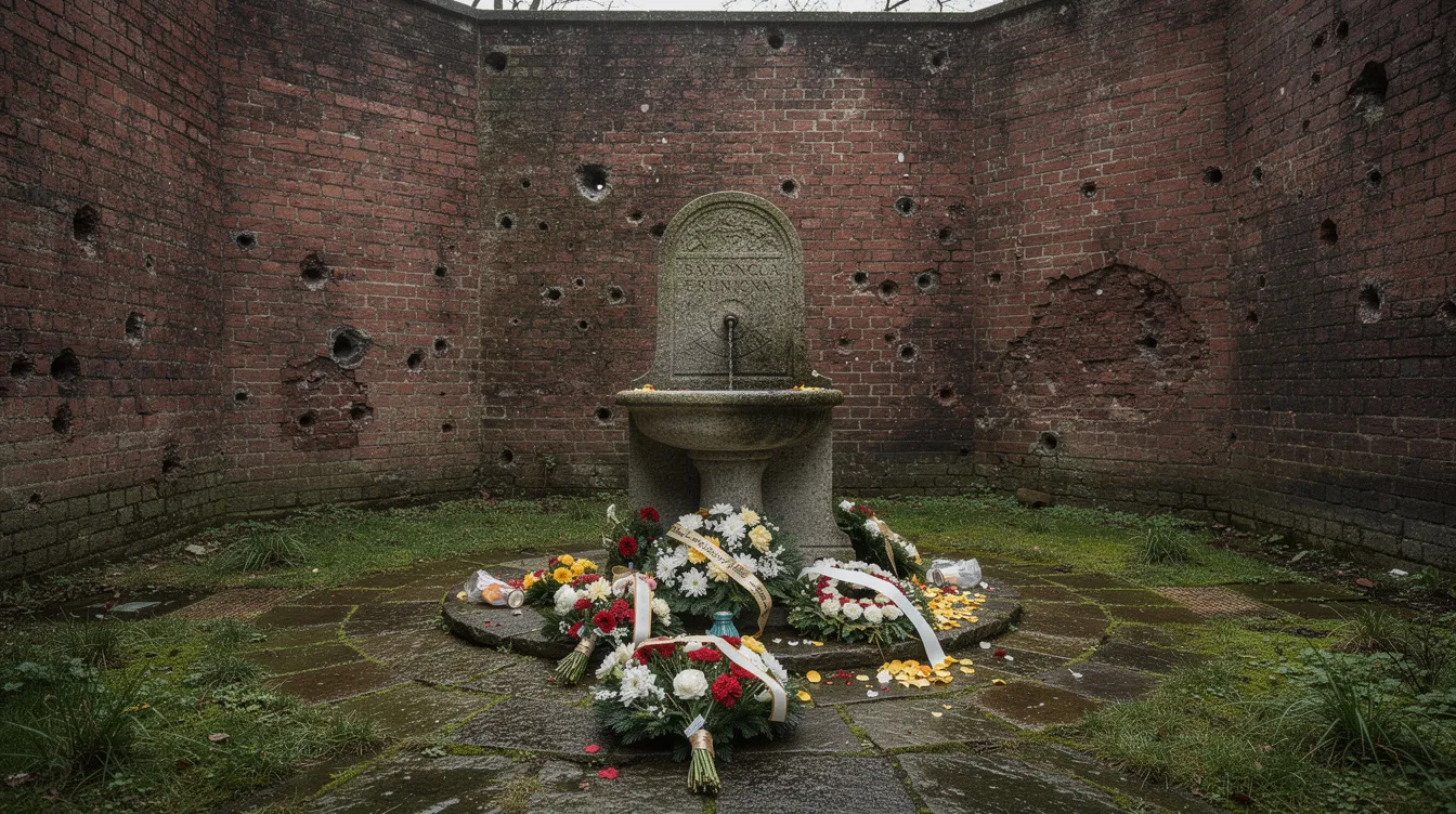 Der steinerne Gedenkbrunnen steht in einem ummauerten Garten, umgeben von alten Backsteinmauern, die von Einschusslöchern gezeichnet sind. Am Boden liegen Blumengebinde, die an die Gewaltlosigkeit und den Widerstand von Mahatma Gandhi erinnern, einem bedeutenden Anführer der indischen Unabhängigkeitsbewegung.
