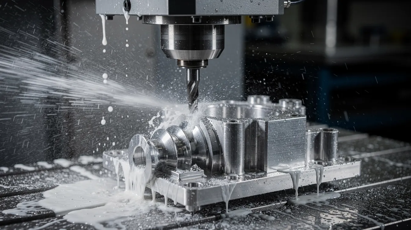 A modern CNC machining center is actively cutting an aluminum die cast component, with a fine spray of coolant misting over the workpiece to ensure precision and temperature control during the aluminum die casting process. The scene highlights advanced die casting machines in action, showcasing the efficiency of the manufacturing process.