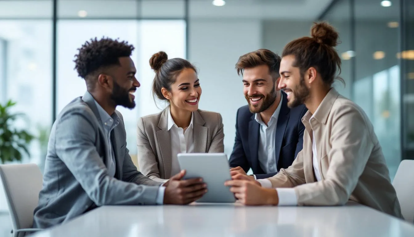 Une &eacute;quipe discutant et partageant des notes de r&eacute;union sur un iPad.