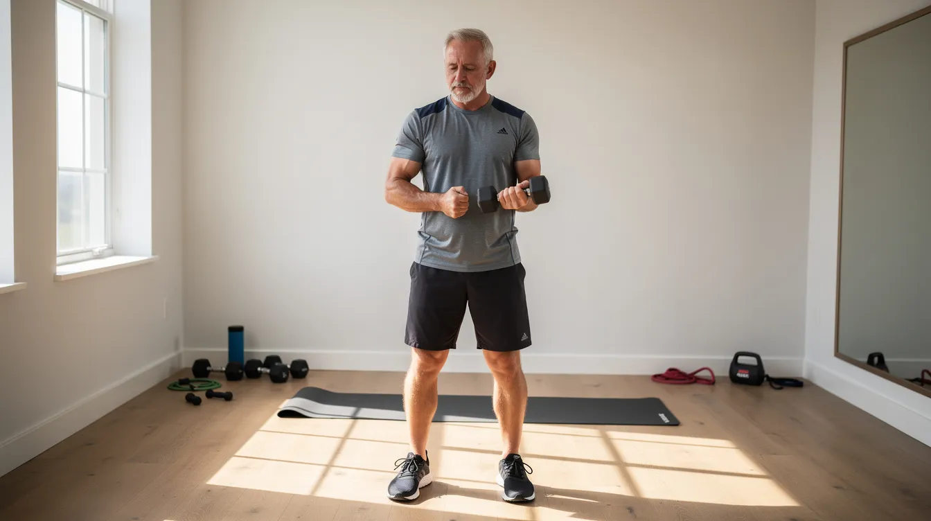A man is engaged in light dumbbell exercises in a home gym, focusing on his upper body as part of his recovery journey after undergoing gynecomastia surgery. He is likely following his surgeon's instructions for optimal healing, incorporating gentle movement to support his healing tissues while avoiding strenuous exercise.