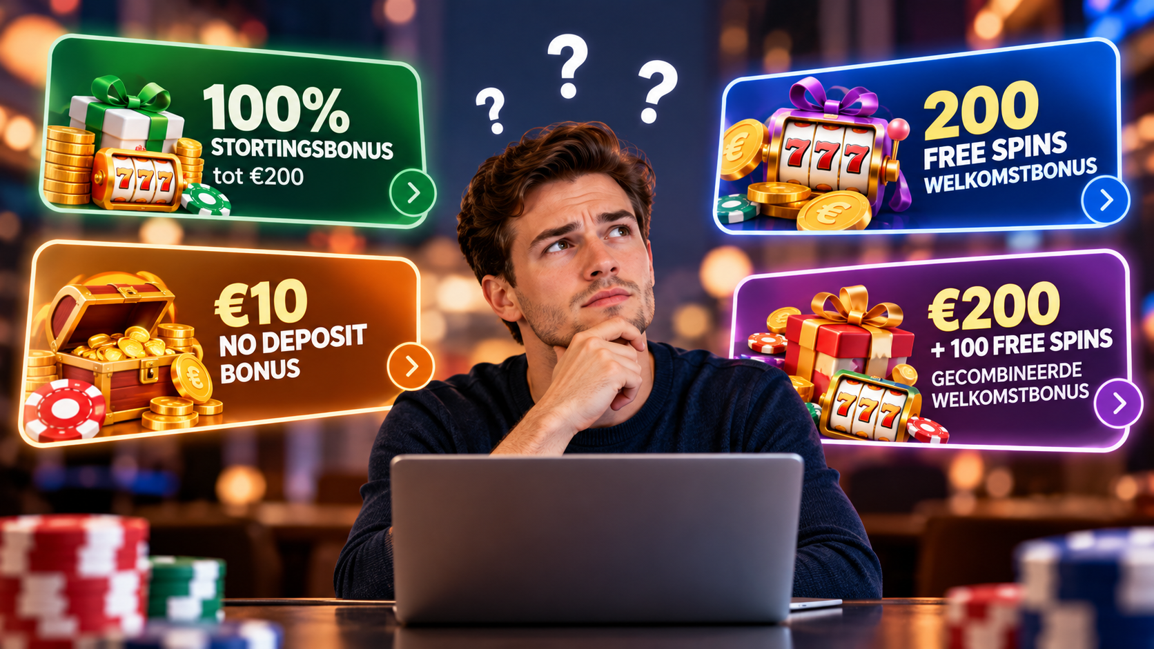 Man vergelijkt verschillende casino welkomstbonussen, waaronder stortingsbonussen, gratis spins en gecombineerde bonussen.