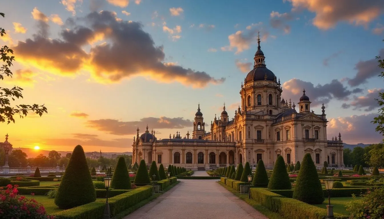 Das Bild zeigt das barocke Schloss Favorite in Baden-Baden, umgeben von weitläufigen Gartenanlagen, während die Sonne im Hintergrund untergeht. Die romantische Atmosphäre und die beeindruckende Architektur bieten eine ideale Kulisse für Hochzeiten und Feierlichkeiten in dieser traumhaften Location.
