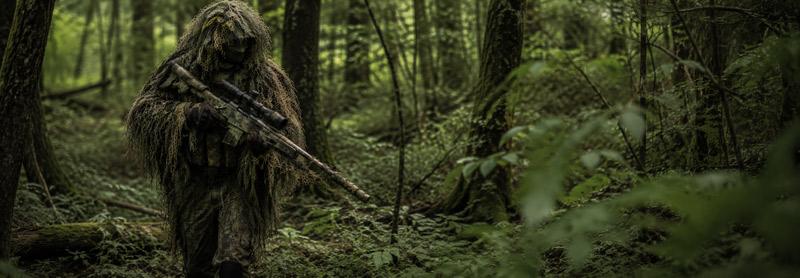 an airsoft sniper moving in woodlands