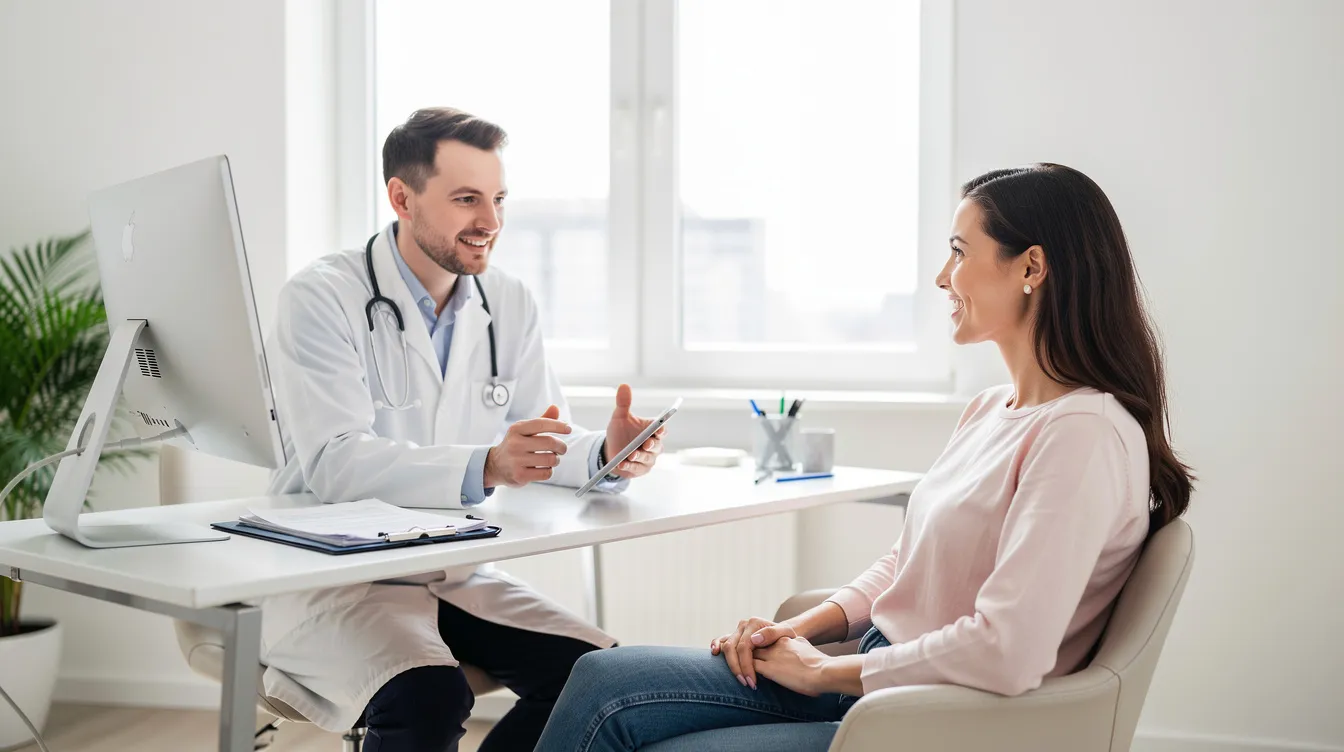 A woman is having a positive consultation with a doctor in a bright, modern medical office, discussing her weight management options and the potential benefits of prescription weight loss medications. The atmosphere is encouraging, suggesting a focus on healthy eating and lifestyle changes to promote significant weight loss outcomes.