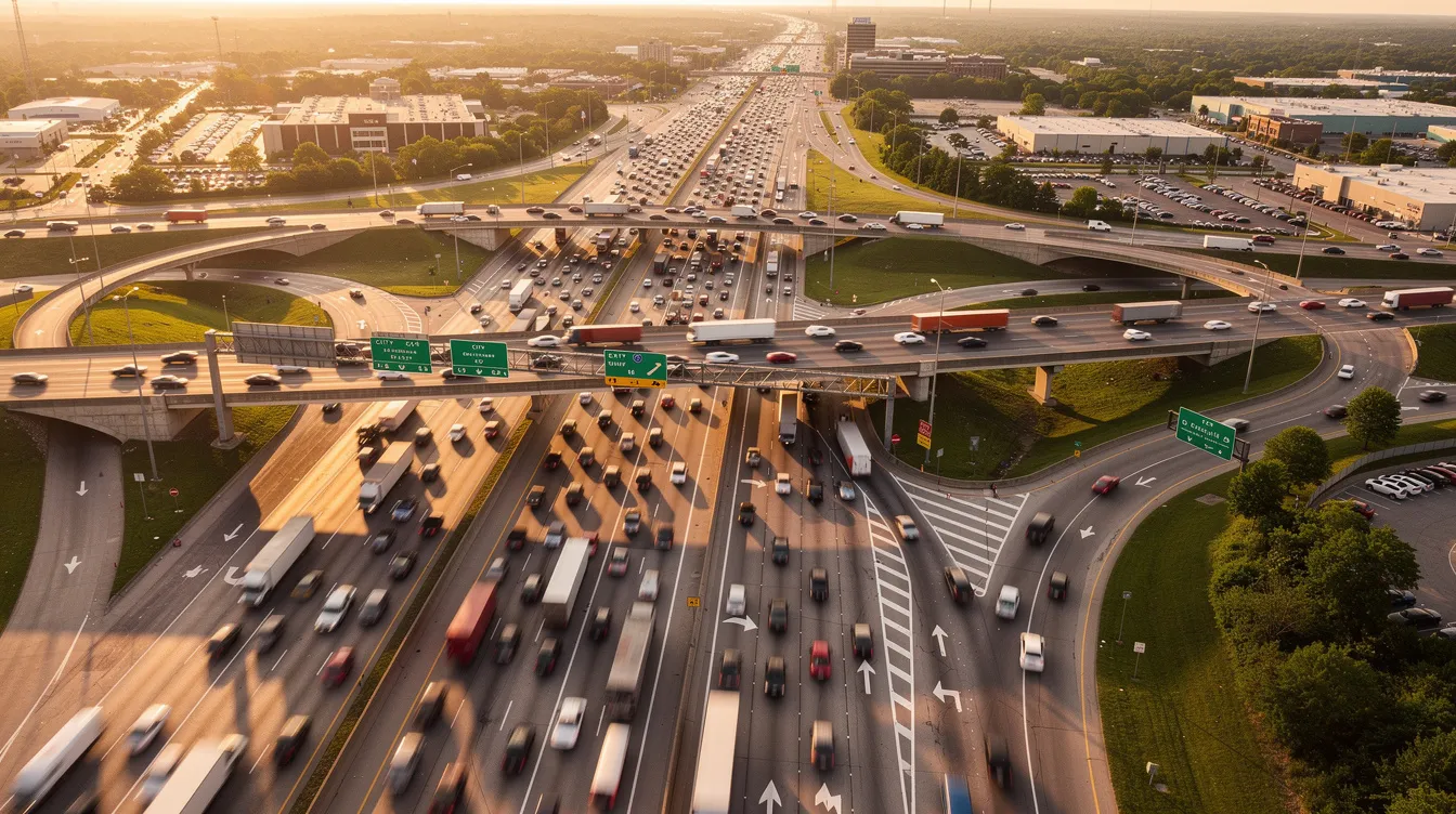 An aerial view captures a busy interstate highway filled with various vehicles, showcasing the dynamic flow of traffic. This scene reflects the importance of reliable car shipping companies and auto transport services that facilitate vehicle movement across the country.