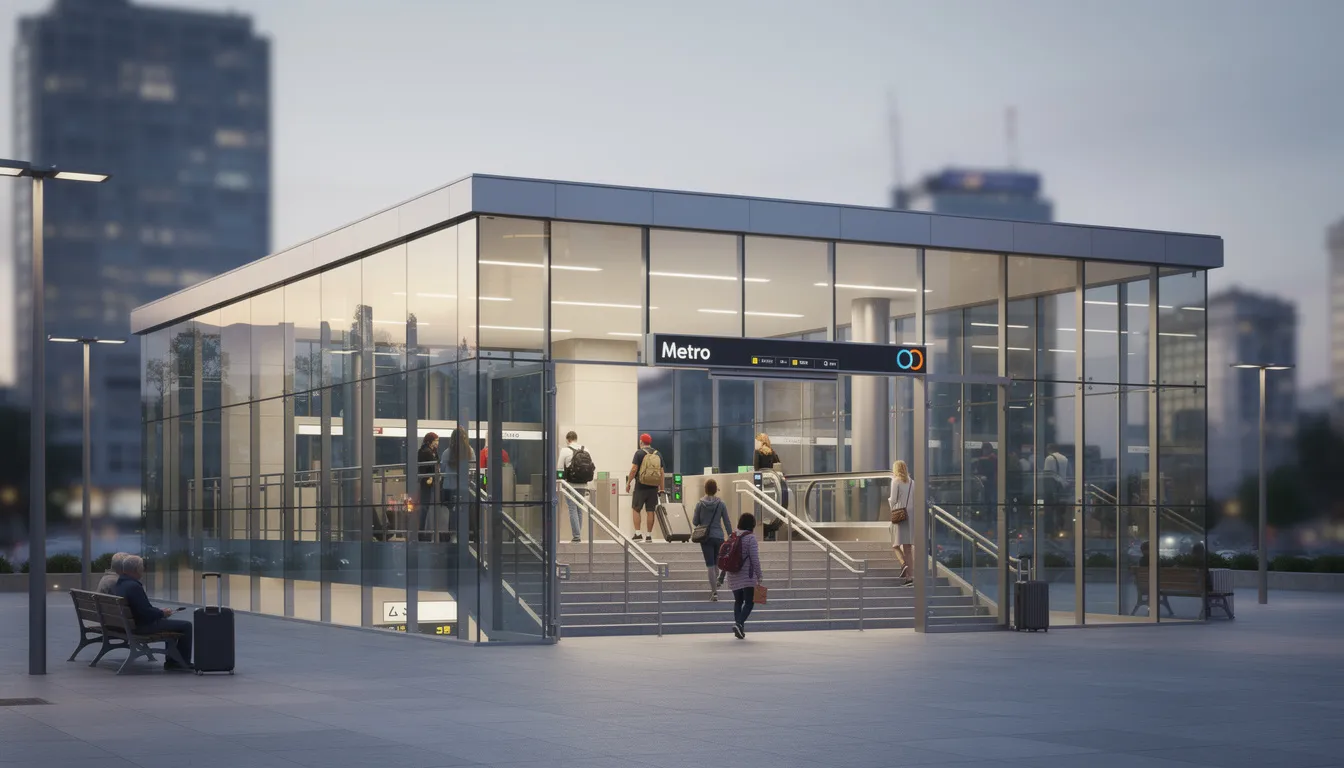 Nowoczesna stacja metra z przeszklonym wejściem, w której widać pasażerów oczekujących na pociąg. Otoczenie stacji jest dobrze oświetlone, a w tle można dostrzec elementy architektury typowe dla Warszawy, co podkreśla jej dynamiczny charakter.