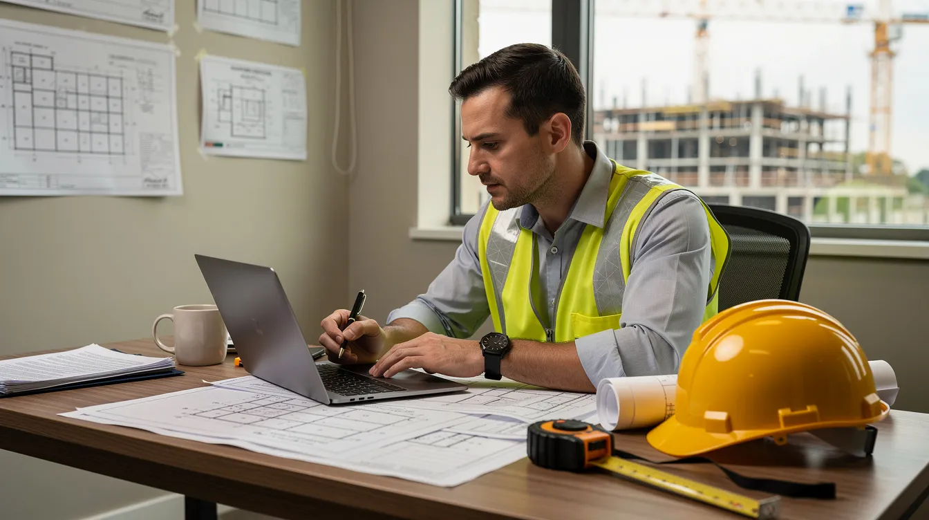 A contractor sits at a desk, reviewing procurement documents on a laptop, with a construction hard hat placed nearby, symbolizing the importance of compliance in the bidding process for construction projects. The scene reflects the meticulous nature of contract administration and the unique challenges faced in public bidding procedures.