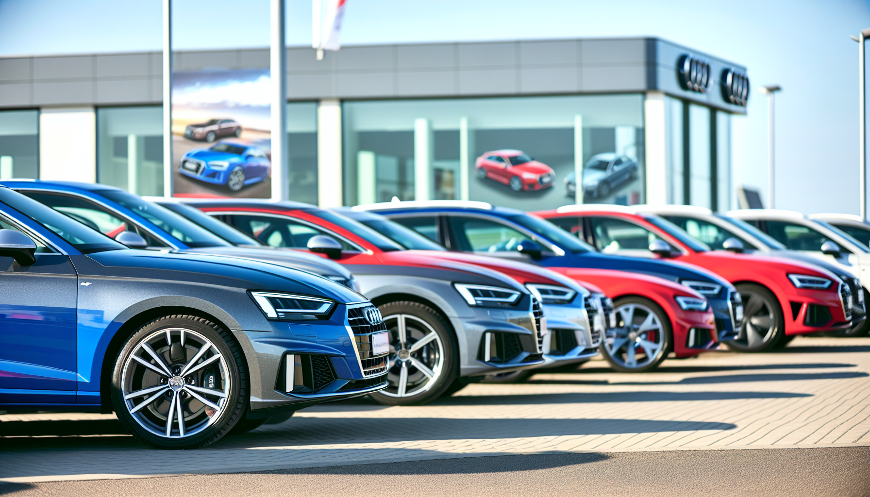 Une variété de véhicules Audi alignés dans une rangée chez un concessionnaire automobile.