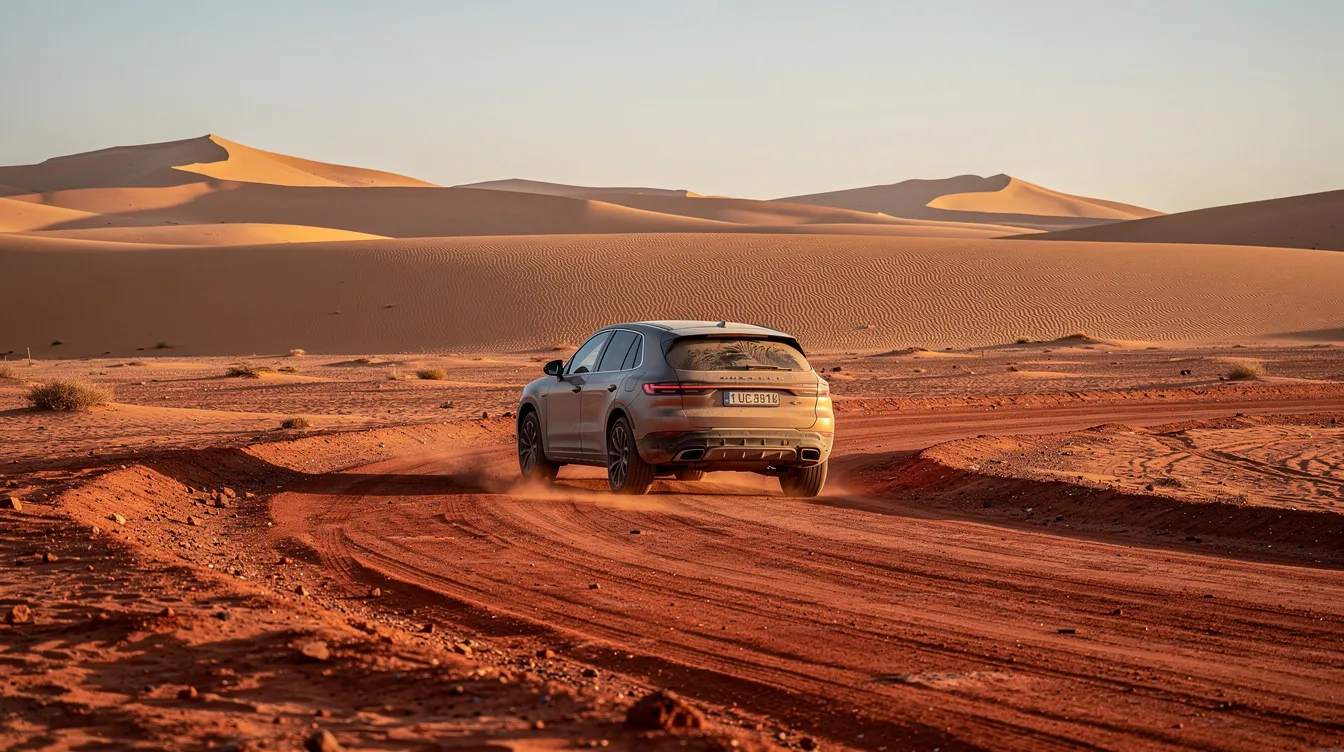 Een SUV rijdt over een rode zandweg in de Marokkaanse woestijn, met majestueuze duinen op de achtergrond. Deze setting biedt de ultieme vrijheid om Marokko te verkennen en onvergetelijke reizen te maken.