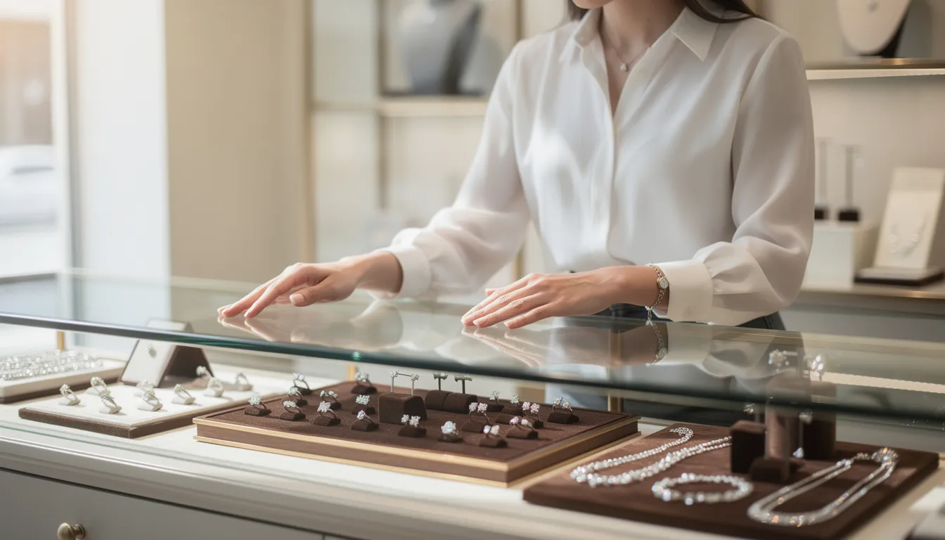A customer is examining various jewellery pieces at a boutique counter, illuminated by natural lighting, reflecting the professionalism and quality associated with the jewellery industry. This setting highlights the commitment to integrity and customer trust that is promoted by organisations like the National Association of Jewellers.