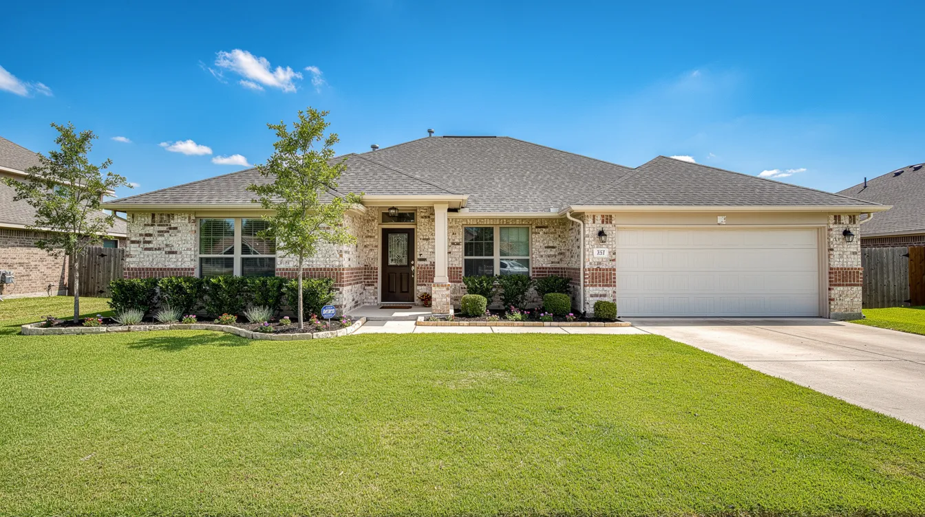 A charming suburban Texas home stands proudly under the bright sun, surrounded by a lush green lawn, perfect for enjoying the summer day. The house features a well-maintained Goodman air conditioning unit, ensuring a comfortable indoor temperature during the hot weather.
