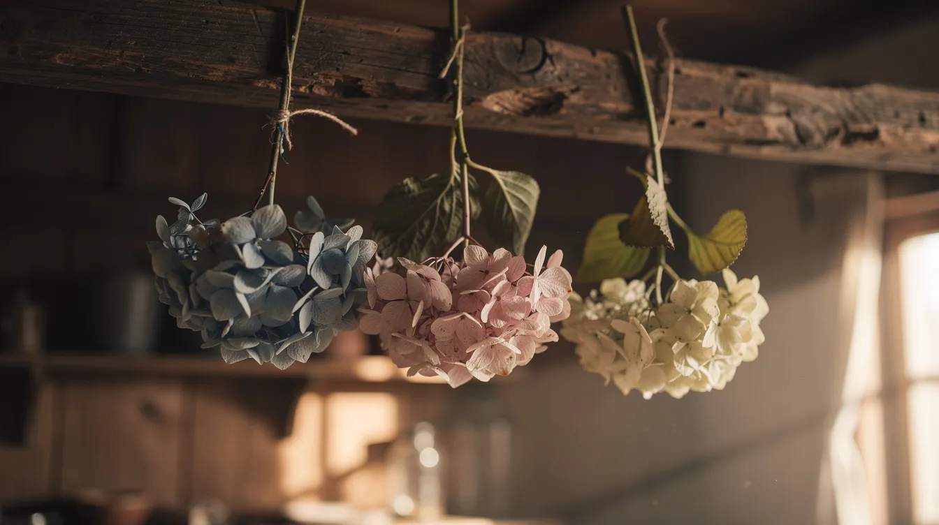 In a dimly lit room, hydrangea stems hang upside down from a wooden beam, basking in warm natural light. The vibrant colors of the drying hydrangea blooms create a serene atmosphere, showcasing a method for preserving flowers that captures the essence of late summer.