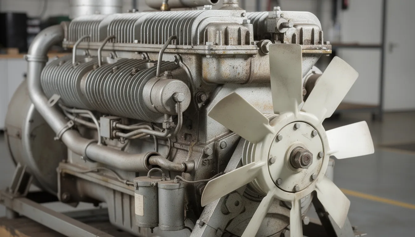 The image features a close-up view of a diesel engine, showcasing its finned cylinder heads and a cooling fan, designed for optimum engine performance. This industrial engine, likely a Deutz model, highlights its 6-cylinder inline arrangement and details that contribute to low noise emissions and high durability.